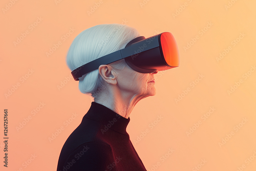 Senior Woman Exploring VR: An elderly woman with short white hair, wearing a sleek VR headset, experiences the immersive world of virtual reality against a warm orange backdrop. Senior Woman Exploring VR: An elderly woman with short white hair, wearing a sleek VR headset, experiences the immersive world of virtual reality against a warm orange backdrop.