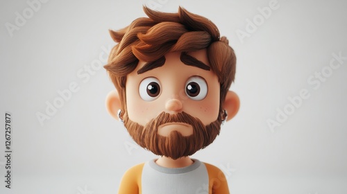 Pensive 3D Cartoon Man with Brown Hair and Beard
