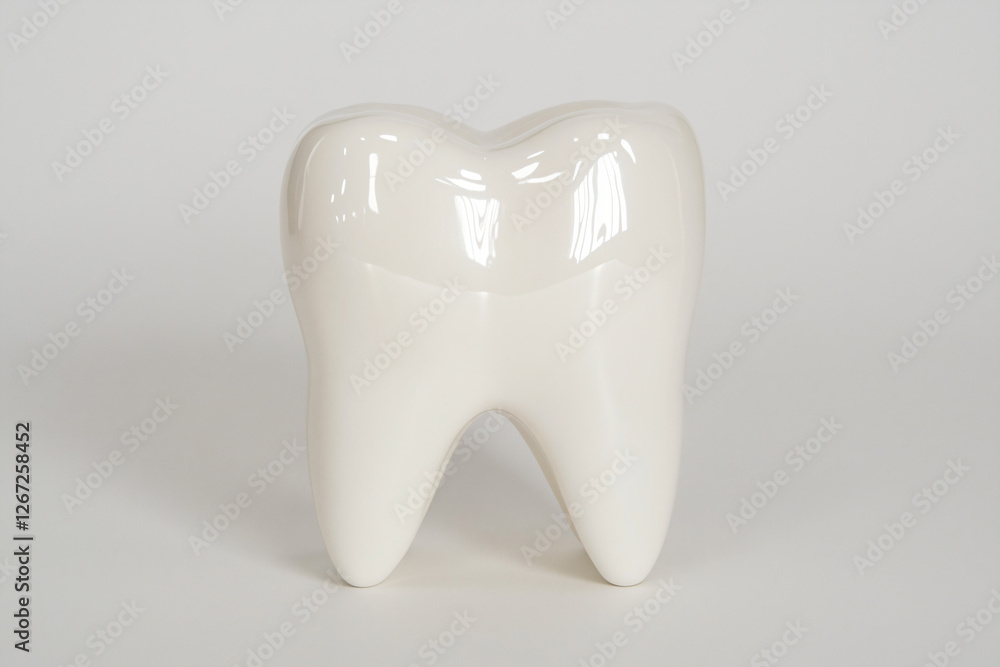Tooth-Shaped Sculpture: A close-up of a minimalist, white tooth-shaped sculpture, its smooth surface reflecting the surrounding light. It's a simple yet impactful representation of oral health. Tooth-Shaped Sculpture: A close-up of a minimalist, white tooth-shaped sculpture, its smooth surface reflecting the surrounding light. It's a simple yet impactful representation of oral health.
