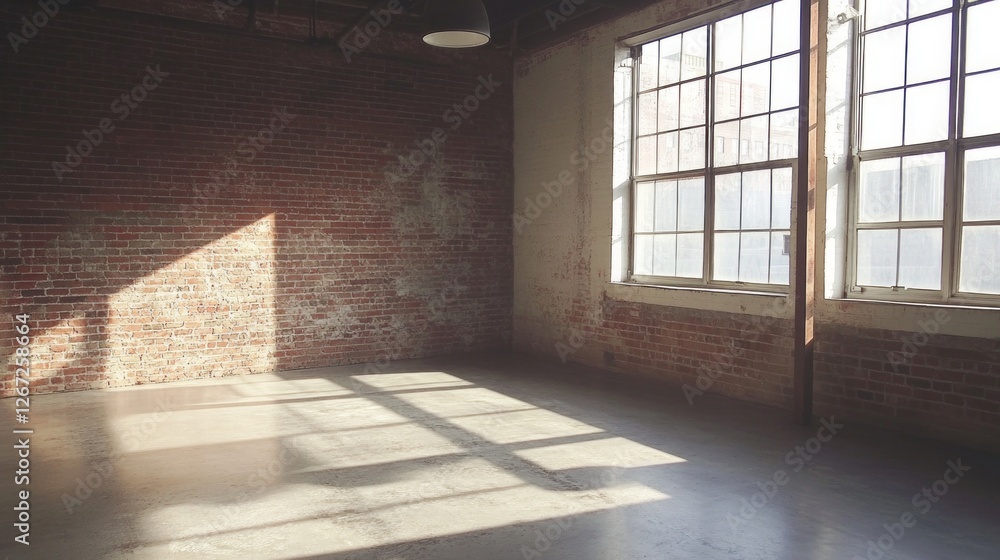 Warm sunlight streams through large windows of an urban loft, casting intricate shadows on the polished floor Warm sunlight streams through large windows of an urban loft, casting intricate shadows on the polished floor
