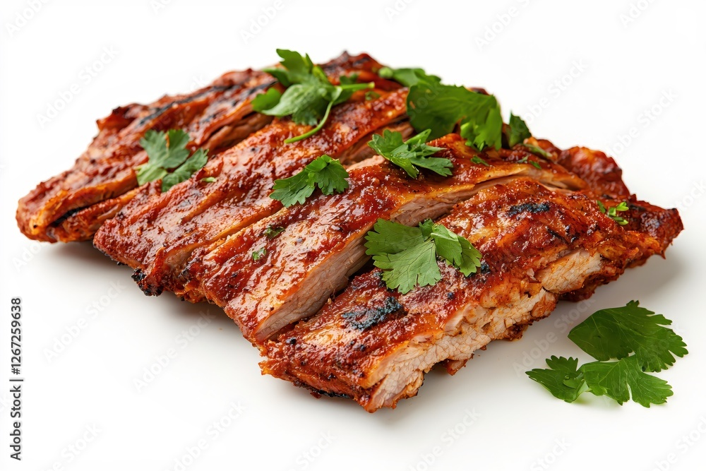 Delicious barbecued ribs with fresh cilantro on a bright white background studio shot Delicious barbecued ribs with fresh cilantro on a bright white background studio shot