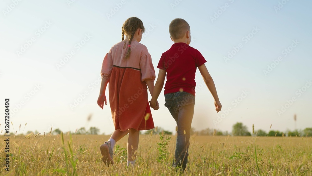 Children walking together in park hand in hand, nature. Happy children, boy and girl, walk across field, holding hands. Happy kids friends outdoors. Concept of childrens friendship. Playing child. Kid Children walking together in park hand in hand, nature. Happy children, boy and girl, walk across field, holding hands. Happy kids friends outdoors. Concept of childrens friendship. Playing child. Kid
