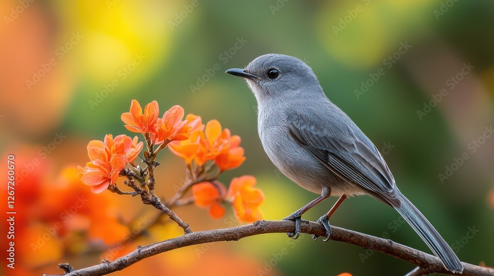 Grey bird perched on orange flowers, garden bokeh background; nature, wildlife, spring Grey bird perched on orange flowers, garden bokeh background; nature, wildlife, spring