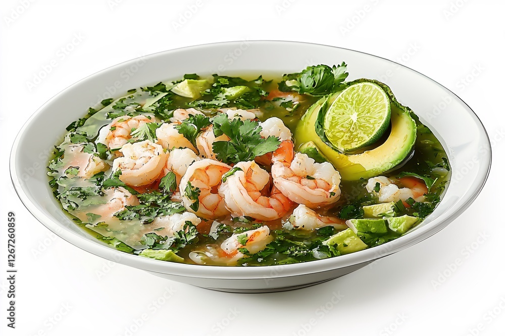 Refreshing shrimp ceviche with avocado and lime in a white bowl a culinary delight Refreshing shrimp ceviche with avocado and lime in a white bowl a culinary delight
