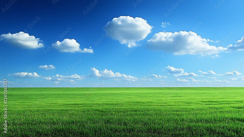 Vibrant Green Field Under a Blue Sky with Fluffy Clouds Vibrant Green Field Under a Blue Sky with Fluffy Clouds