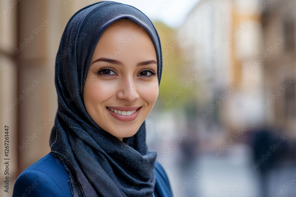 Smiling Woman in a Hijab Standing in a City Street Smiling Woman in a Hijab Standing in a City Street