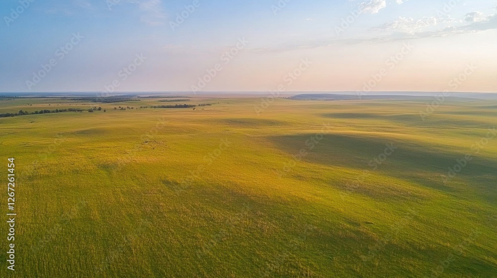 Aerial view of expansive green prairie landscape at dusk with rolling hills Aerial view of expansive green prairie landscape at dusk with rolling hills