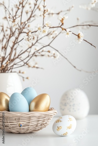 Woven basket with blue and gold eggs and flowers on a rustic table. Perfect for Easter and spring-themed visuals.