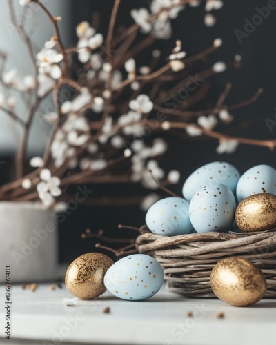 Easter card. Woven basket filled with blue and gold eggs. Great for spring and celebration imagery.