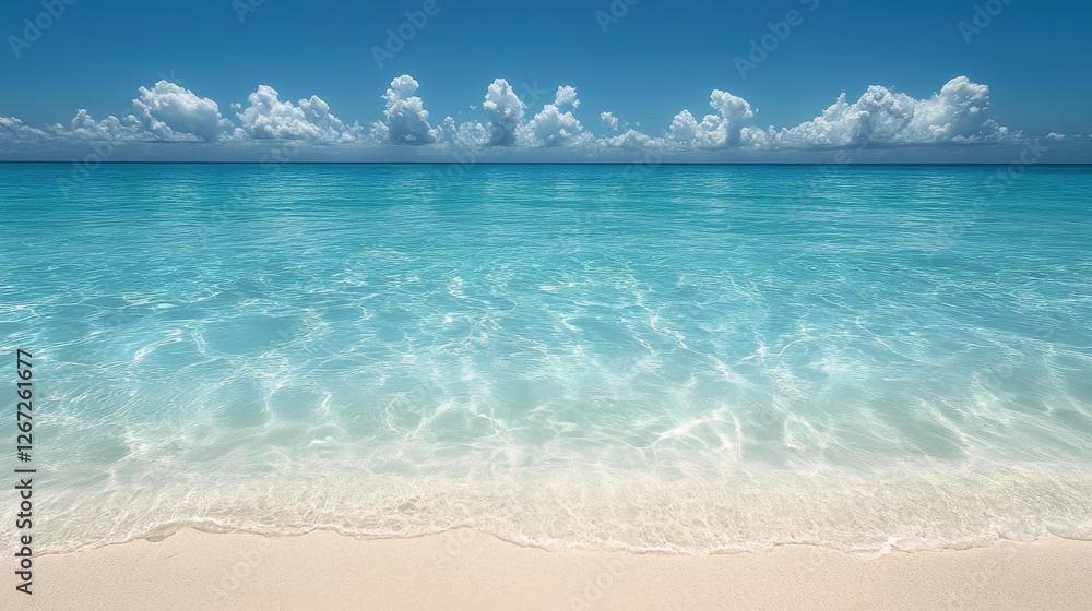Obraz premium Crystal clear turquoise waters lapping gently on a sandy beach under a bright blue sky