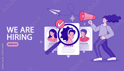 HR manager occupation. People Characters Choosing Best Candidate for Job. Human resources web banner or landing page. Management and Hiring. Job recruitment process. Flat vector illustration.