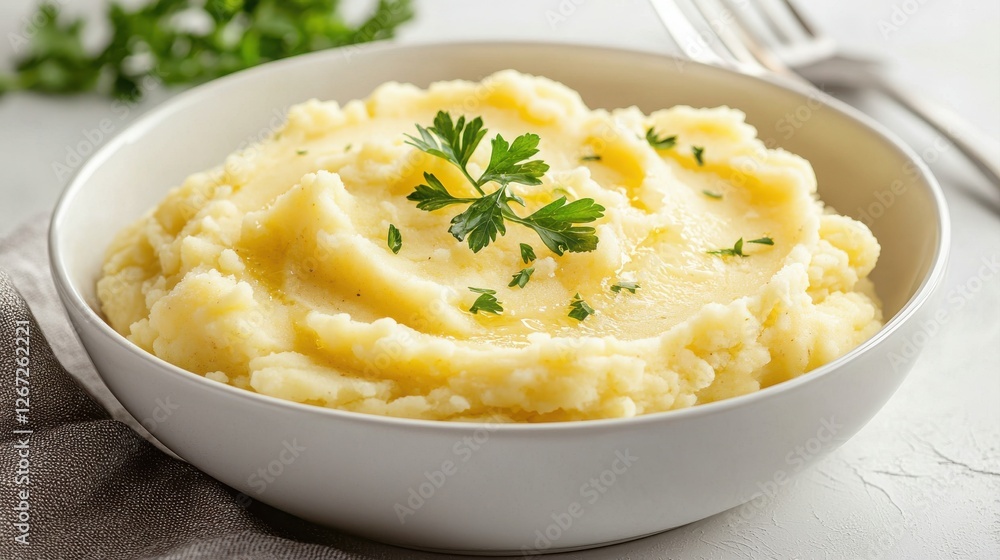 Creamy mashed potato serving garnished with fresh parsley in a white bowl. Creamy mashed potato serving garnished with fresh parsley in a white bowl.