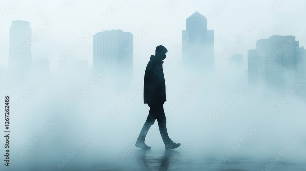 Solitary figure in fogenveloped city captivating scene of urban mystery Solitary figure in fogenveloped city captivating scene of urban mystery