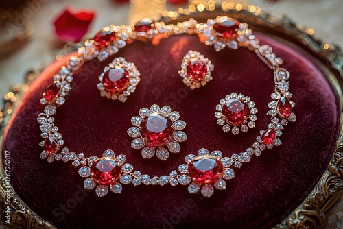 Elegant red gemstone jewelry set on vintage velvet display photo