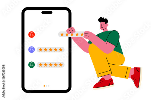 Flat cartoon vector of a man leaving a five-star review on a mobile app. Ideal for concepts like customer feedback, online ratings, e-commerce, business reputation, and user experience.