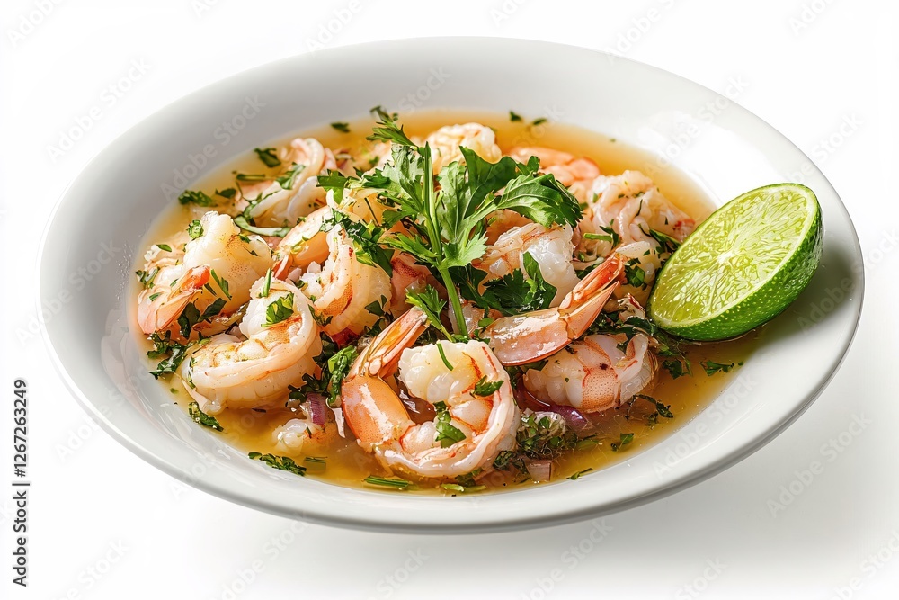 Delicious shrimp ceviche with fresh lime and parsley in a white bowl on white background