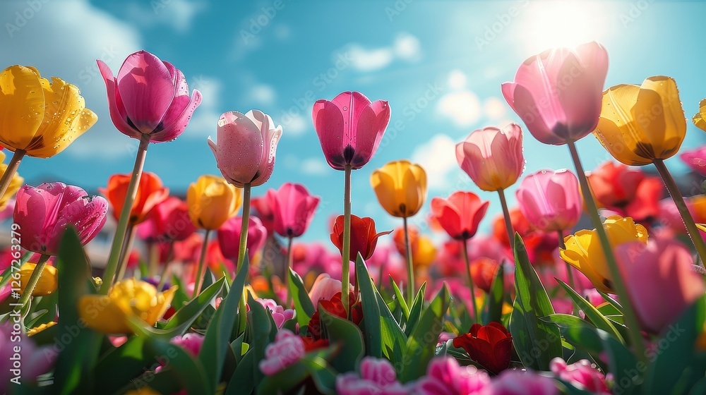 Vibrant tulip field in full bloom under a sunny sky, showcasing colorful flowers and bright sunlight Vibrant tulip field in full bloom under a sunny sky, showcasing colorful flowers and bright sunlight