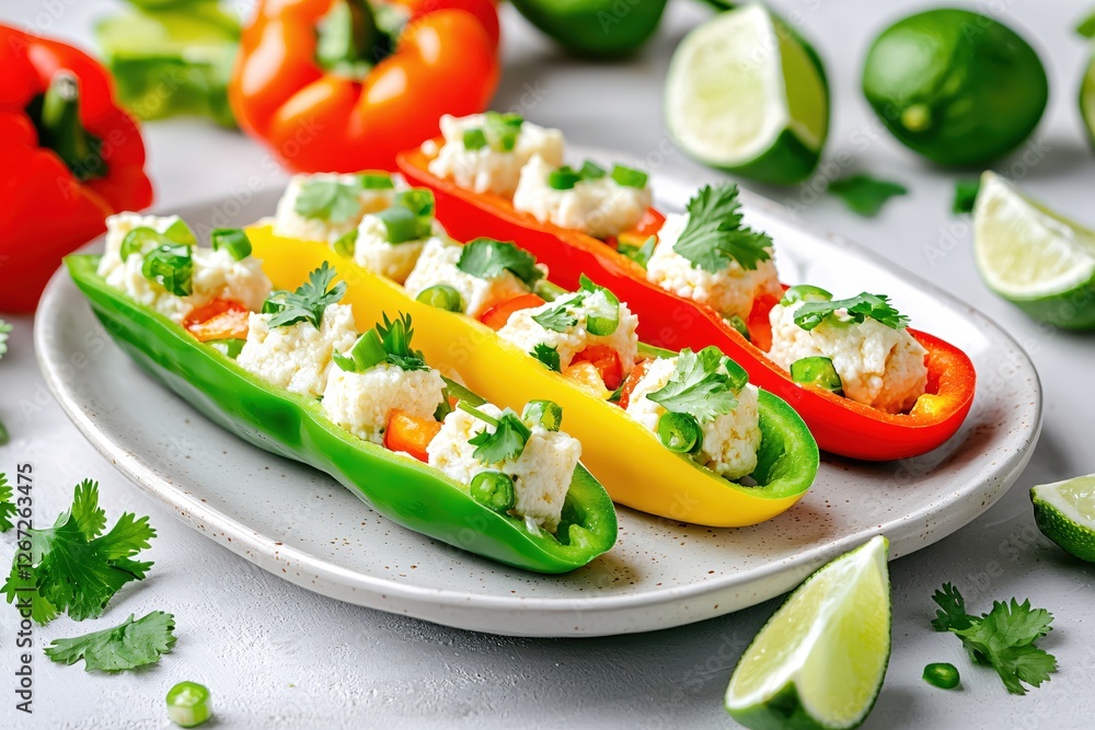 Colorful Stuffed Peppers with Cheese and Lime Delicious Vegetarian Appetizer Food Photography