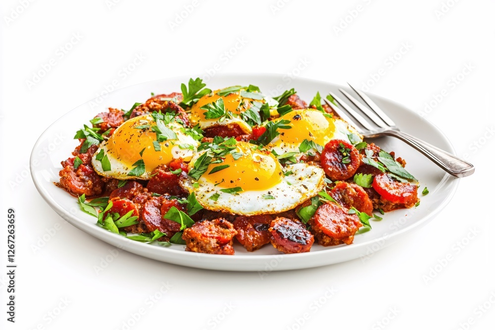 Sunny Side Up Eggs with Chorizo and Parsley on a White Plate Delicious Breakfast or Brunch Sunny Side Up Eggs with Chorizo and Parsley on a White Plate Delicious Breakfast or Brunch