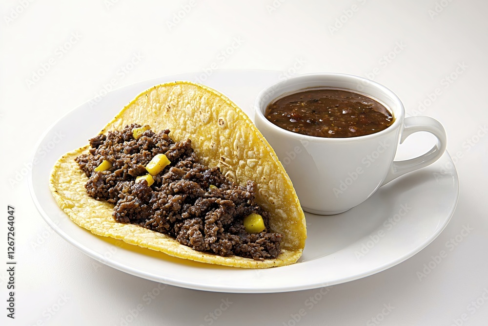 Delicious Taco with Ground Beef and Corn Served with a Cup of Rich and Savory Black Bean Soup Delicious Taco with Ground Beef and Corn Served with a Cup of Rich and Savory Black Bean Soup