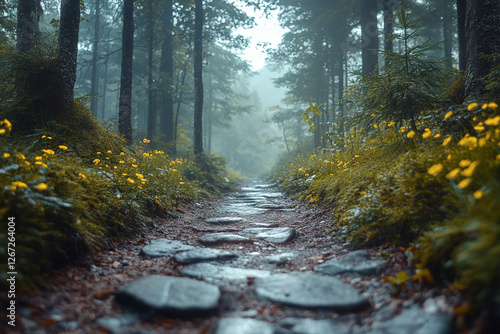 Mystical Forest Path with Yellow Flowers in Foggy Woodland Scene