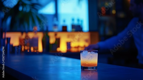 Fototapeta Naklejka Na Ścianę i Meble -  A vibrant cocktail on a bar counter, illuminated by moody blue and warm orange lighting, perfect for nightlife and beverage promotions.