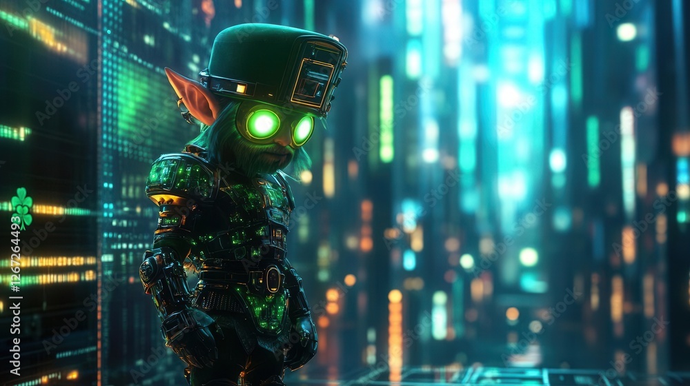 Fototapeta premium Visualize a neon-eyed leprechaun, armored, standing in futuristic digital city