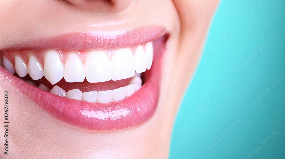 Fototapeta premium Radiant Smile Close Up Featuring Perfect White Teeth and Glossy Lips on a Turquoise Backdrop
