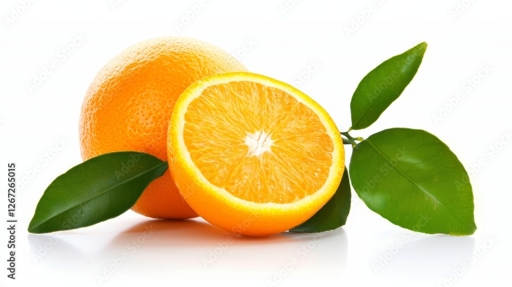 Fresh oranges with lush green leaves on clean white background Fresh oranges with lush green leaves on clean white background