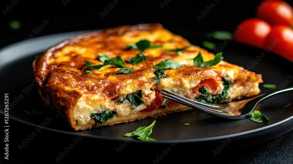 A slice of golden spinach and tomato quiche with a fork beside it, exuding a comforting and inviting vibe, perfect for food lovers and culinary showcases. A slice of golden spinach and tomato quiche with a fork beside it, exuding a comforting and inviting vibe, perfect for food lovers and culinary showcases.