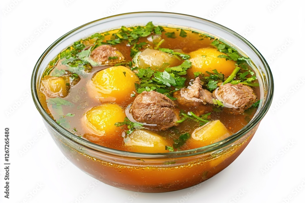 Hearty beef and potato soup in clear glass bowl with fresh parsley garnish delicious meal Hearty beef and potato soup in clear glass bowl with fresh parsley garnish delicious meal