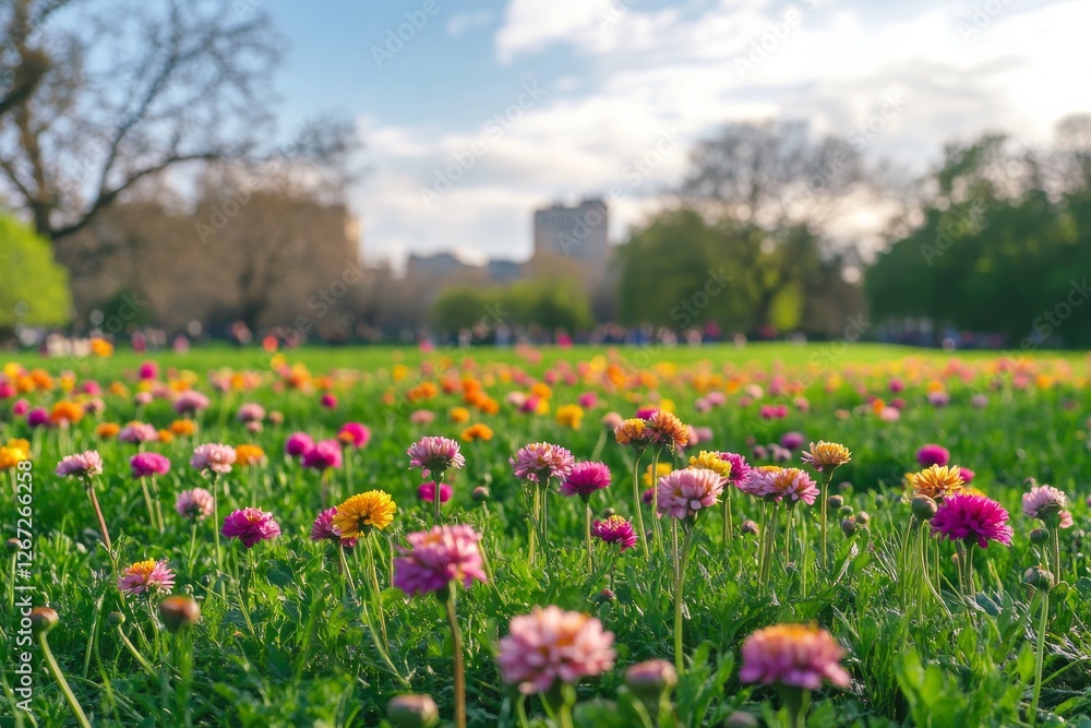 Vibrant wildflower meadow in spring with mountains in the background under a clear blue sky Vibrant wildflower meadow in spring with mountains in the background under a clear blue sky