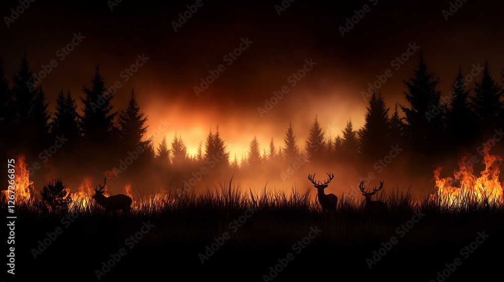 Animals Fleeing Forest Fire with Burning Flames and Dark Smoke in Silhouette Animals Fleeing Forest Fire with Burning Flames and Dark Smoke in Silhouette