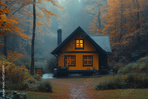 Secluded Cabin Amidst Autumnal Woods Embraced by a Misty Atmosphere