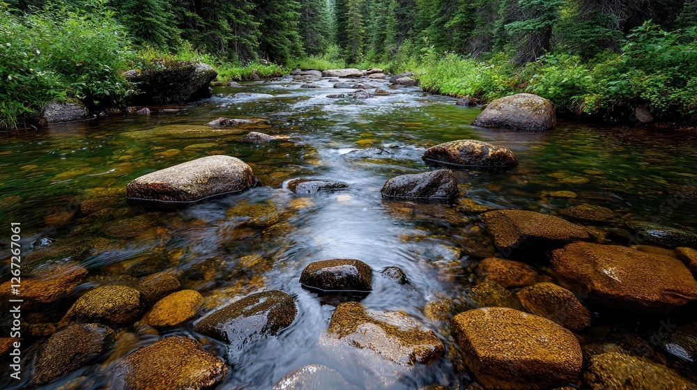 Clear stream flows through forest; rocks, nature Clear stream flows through forest; rocks, nature