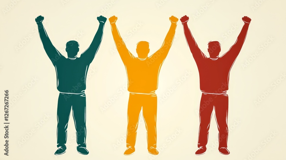 Fototapeta premium Uplifted spirits three people raise hands in celebration of joy and freedom