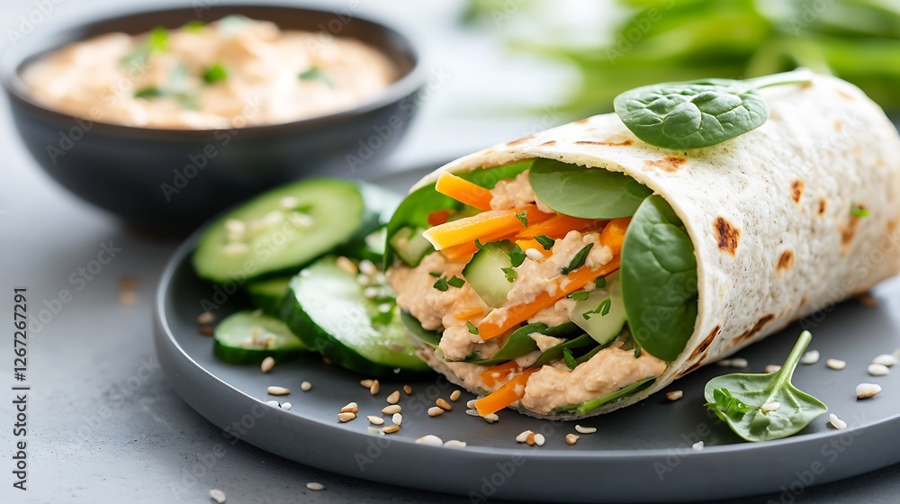 Fresh Veggie Wrap with Hummus Spinach and Cucumber on Gray Plate Fresh Veggie Wrap with Hummus Spinach and Cucumber on Gray Plate