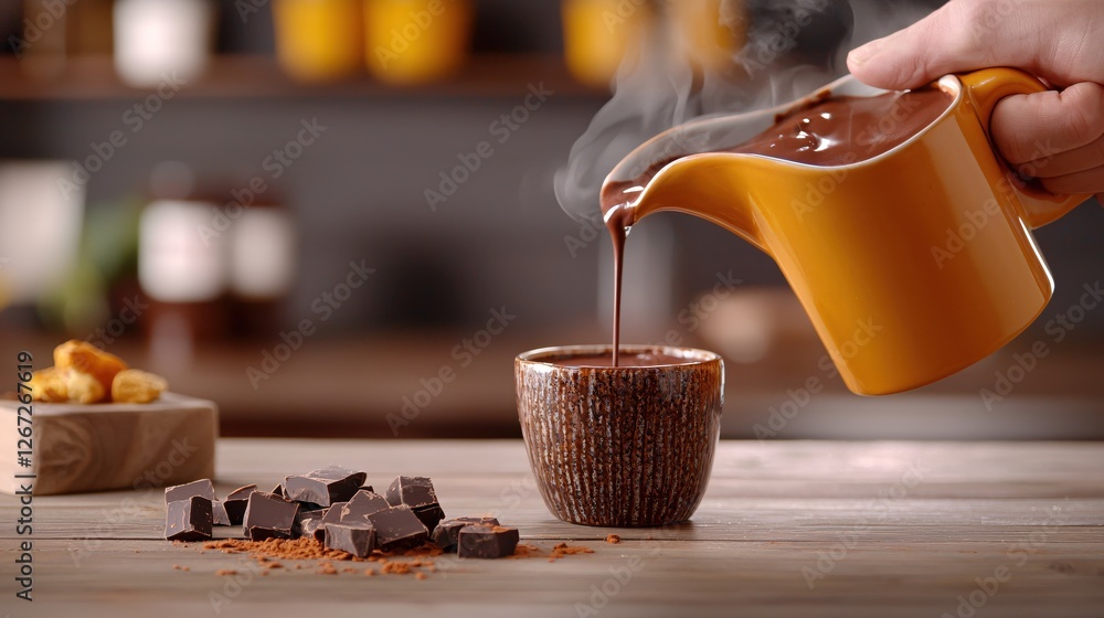 Pouring hot chocolate into a cup with chocolate pieces and cocoa powder on a wooden table Pouring hot chocolate into a cup with chocolate pieces and cocoa powder on a wooden table
