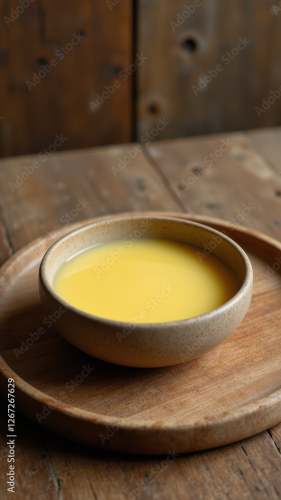 A small bowl filled with bright yellow beef fat or tallow, on a wooden serving board. A small bowl filled with bright yellow beef fat or tallow, on a wooden serving board.