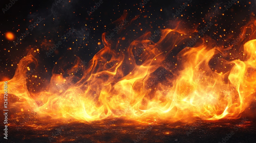 Fiery flames on dark surface, background image, dramatic effect, use in advertising or design Fiery flames on dark surface, background image, dramatic effect, use in advertising or design