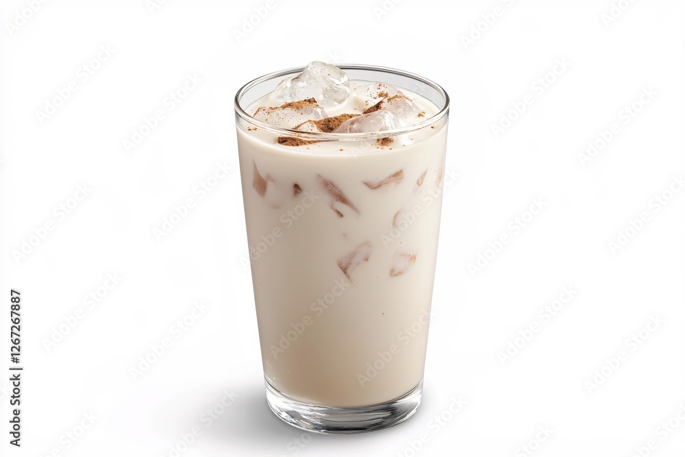 Refreshing horchata beverage with ice cubes and cinnamon in a glass on white background Refreshing horchata beverage with ice cubes and cinnamon in a glass on white background