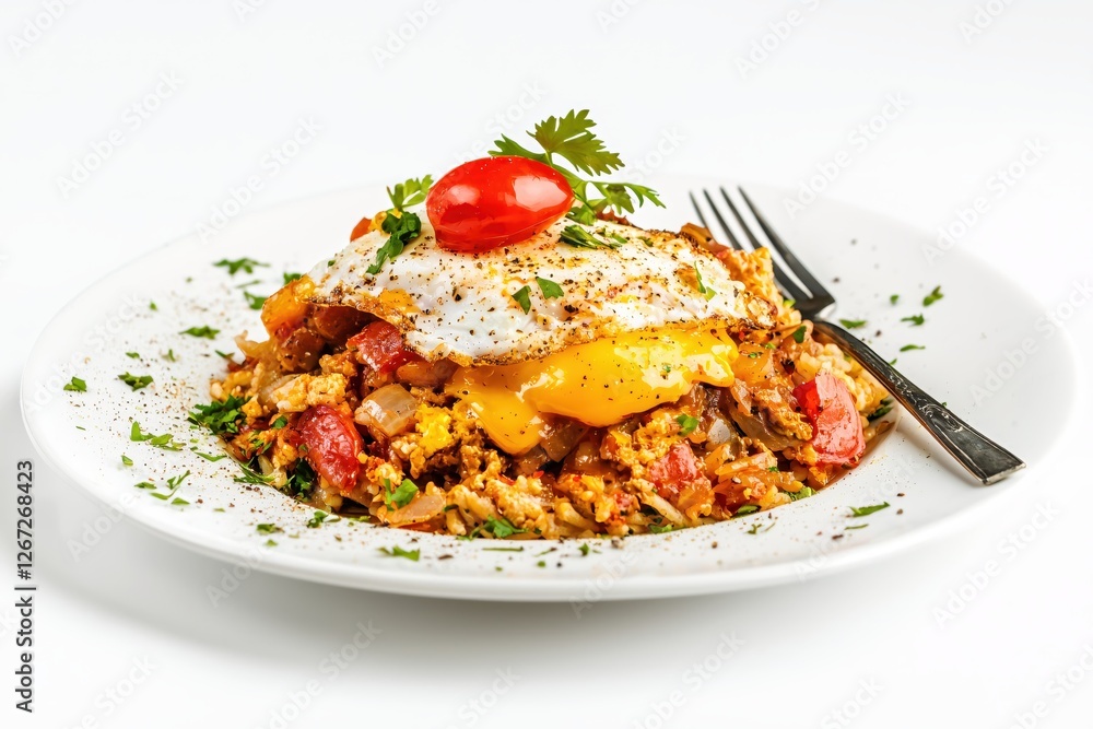 Delicious fried rice with sunny side up egg and tomato on white plate culinary delight Delicious fried rice with sunny side up egg and tomato on white plate culinary delight