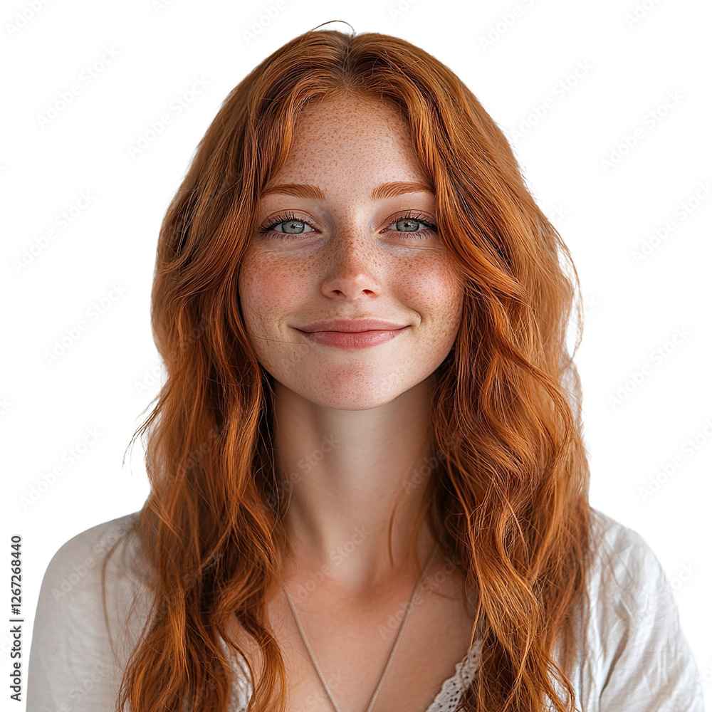Smiling young woman with curly red hair, isolated on transparent cutout background Smiling young woman with curly red hair, isolated on transparent cutout background