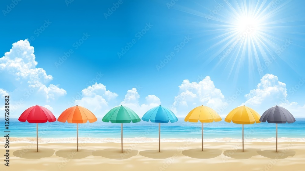 Fototapeta premium Beach umbrellas illustration summer sun protection on the sand