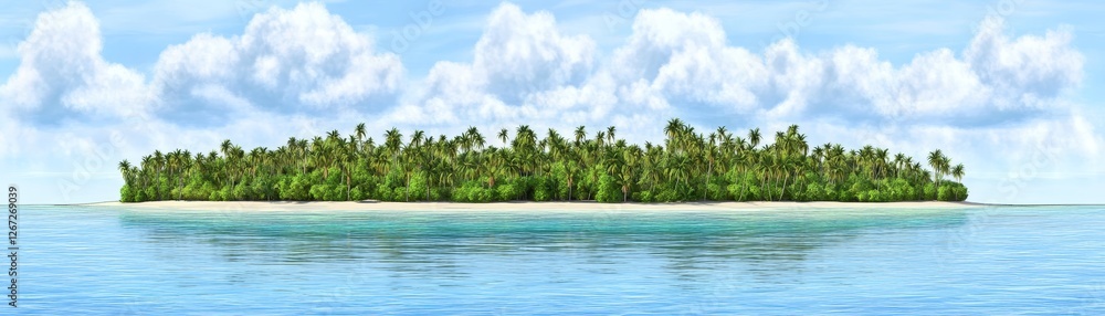 Serene tropical island oasis small with lush vegetation in the middle of the vast ocean