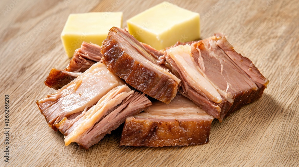 Close up of delicious smoked pork brisket with cheese cubes on a wooden surface Close up of delicious smoked pork brisket with cheese cubes on a wooden surface