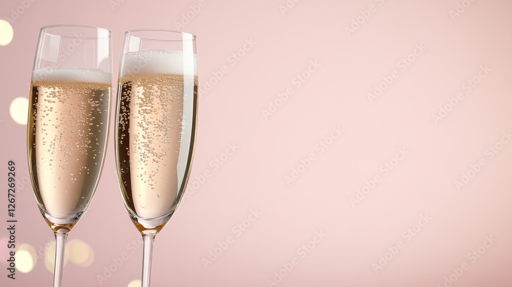 Elegant celebration two champagne flutes on soft pink backdrop Elegant celebration two champagne flutes on soft pink backdrop