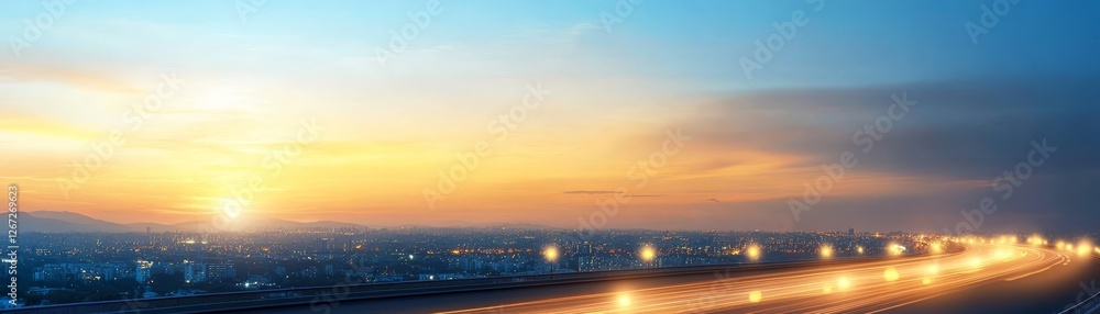 Scenic highway leading to vibrant city skyline under clear blue sky urban Scenic highway leading to vibrant city skyline under clear blue sky urban
