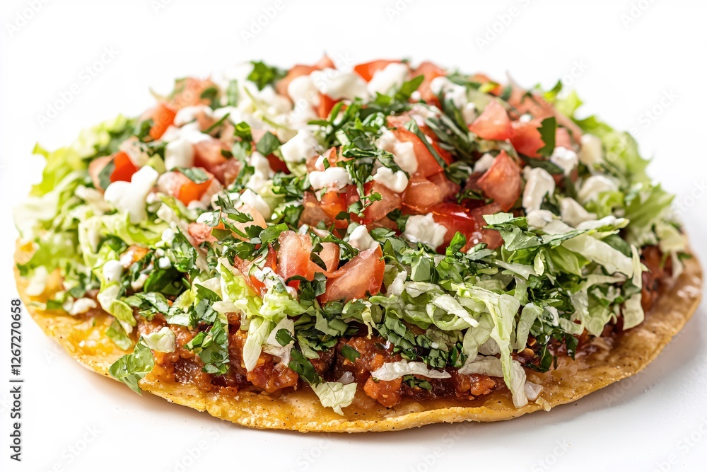 Delicious tostada with fresh toppings on a white background perfect for culinary blog Delicious tostada with fresh toppings on a white background perfect for culinary blog
