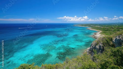 Coastal panorama turquoise ocean, rocky coast, boats, tropical vegetation. Use travel, tourism, nature